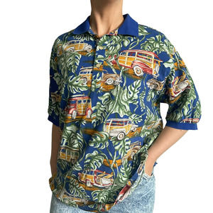90s Kalaheo Made in Hawaii Vintage Floral Printed Tee with Blue Collar & Sleeves